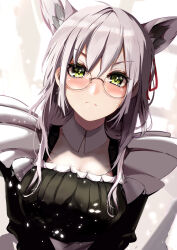  1girl absurdres animal_ears blush cat_ears commentary_request glasses green_eyes hair_ribbon heaven_burns_red highres izumi_yuki_(heaven_burns_red) long_hair looking_at_viewer maid natsuki_(muravito) ribbon simple_background 