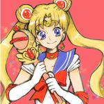  1girl bishoujo_senshi_sailor_moon blonde_hair blue_eyes chocolive choker cutie_moon_rod double_bun earrings elbow_gloves gloves holding jewelry long_hair red_background sailor_moon simple_background smile solo star tsukino_usagi twintails wand white_gloves 