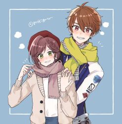  1boy 1girl beret blue_background blue_jacket blue_skirt brown_eyes brown_hair brown_jacket commentary_request green_eyes grin hat highres jacket long_hair looking_at_viewer luke_pearce_(tears_of_themis) mtkignsn pink_scarf rosa_(tears_of_themis) scarf shirt short_hair skirt smile tears_of_themis teeth white_shirt winter_clothes winter_uniform yellow_scarf 