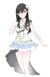  1girl asymmetrical_clothes bad_source bare_legs beyond_the_bluesky_(idolmaster) black_hair blush commentary_request cropped_legs detached_collar fur-trimmed_gloves fur_trim gloves hair_ornament highres idol_clothes idolmaster idolmaster_shiny_colors korean_commentary layered_skirt long_hair rip_van_winkle_(chlwhdgk3) simple_background skirt solo straight_hair white_background white_gloves wing_hair_ornament yakumo_nami 