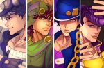  4boys blue_eyes blue_hair brown_hair chain family fingerless_gloves gloves hat higashikata_jousuke jojo_no_kimyou_na_bouken jonathan_joestar joseph_joestar_(young) kuujou_joutarou multiple_boys purple_hair uchihakagura violet_eyes 