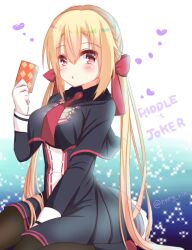  1girl arihara_nanami between_legs black_capelet black_dress black_pantyhose blonde_hair blue_background blush bow breasts buttons capelet card commentary copyright_name double-breasted dress eyes_visible_through_hair feet_out_of_frame gloves gradient_background hair_between_eyes hair_bow hair_ribbon hand_between_legs hand_up heart highres holding holding_card large_breasts long_hair long_sleeves looking_at_viewer low_twintails missing_headwear necktie pantyhose parted_lips red_bow red_eyes red_necktie red_ribbon ribbon riddle_joker servamp_kuro short_dress sidelocks simple_background sitting solo straight_hair twintails twitter_username very_long_hair wariza white_background white_gloves 