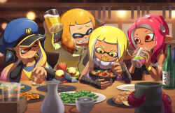  4girls agent_3_(splatoon) agent_4_(splatoon) agent_8_(splatoon) alcohol bandaged_arm bandages bar_(place) beer beer_mug black_tank_top blonde_hair blue_hat blush bottle chicken_(food) choko_(cup) chopsticks coat colored_sclera cup deviantart_logo deviantart_username domino_mask drunk eating edamame english_commentary eye_mask fangs fins food fried_chicken fruit glass glass_bottle gradient_hair grin hat headphones holding holding_chopsticks holding_cup indoors inkling lemon long_hair mask masu mohawk mug multicolored_hair multiple_girls octoling orange_eyes orange_hair ovolo123 parted_lips pink_eyes plate pointy_ears red_eyes sake_bottle shish_kebab short_eyebrows short_twintails skewer smallfry_(splatoon) smile splatoon_(series) splatoon_1 splatoon_2 splatoon_3 tan tank_top tentacle_hair tokkuri tongue tongue_out twintails watermark wristband yellow_coat yellow_eyes yellow_sclera 