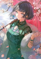  1girl absurdres black_hair blue_eyes blue_nails bracelet bright_pupils china_dress chinese_clothes chinese_commentary closed_mouth commentary_request commission dress earrings falling_petals flower fur_shawl green_dress hair_ornament highres holding holding_umbrella jewelry jintianeroujuan looking_at_viewer mercuria_(reverse:1999) nail_polish necklace petals pink_flower pink_umbrella reverse:1999 shanghai_neckline shawl solo star_(symbol) star_hair_ornament umbrella upper_body white_shawl 