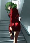  1girl bespectacled blush folder formal glasses green_hair high_heels highres kazami_yuuka looking_at_viewer looking_over_shoulder red_eyes short_hair skirt_suit smile solo stairs stairwell suit touhou yadokari_genpachirou 