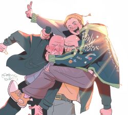  3boys bald beard beard_stubble black_jacket breaking_bad commentary english_commentary facial_hair glasses gogoose_(amazingeuuurus) happy highres jacket jesse_pinkman male_focus mike_ehrmantraut multiple_boys old old_man smile stubble walter_white 