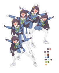  1girl absurdres ahoge animal_ear_hairband animal_ears black_gloves blue_archive blue_serafuku blue_skirt blunt_bangs blush clone closed_eyes commentary elbow_pads fake_animal_ears full_body gloves green_neckerchief hair_flowing_over hairband highres jo_yaong knee_pads korean_commentary long_hair long_sleeves missing_halo miyu_(blue_archive) neckerchief open_mouth outstretched_arms pantyhose rabbit_ear_hairband rabbit_ears sailor_collar school_uniform serafuku shoes single_knee_pad skirt standing sweat v-shaped_eyebrows white_background white_pantyhose white_sailor_collar white_shoes 
