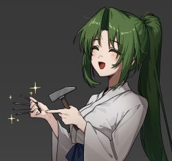  1girl :d closed_eyes commentary_request from_side green_hair grey_background hammer highres higurashi_no_naku_koro_ni holding holding_hammer holding_nail ihwa0283 japanese_clothes kimono korean_commentary long_hair nail_(hardware) open_mouth parted_bangs ponytail sidelocks simple_background smile solo sonozaki_mion sparkle upper_body white_kimono 
