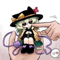 1girl 1other :t anger_vein animal_ears black_eyes black_hat bow buttons cat_ears cat_tail cheek_poking commentary_request diamond_button eyeball floral_print frilled_shirt_collar frilled_sleeves frills green_hair green_skirt hat hat_bow hat_ribbon heart heripantomorrow holding holding_mini_person in_palm kemonomimi_mode komeiji_koishi mini_person minigirl paw_pose poking ribbon rose_print shirt sitting_on_hand skirt speech_bubble spoken_heart tail third_eye touhou white_background yellow_bow yellow_ribbon yellow_shirt 