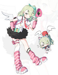  1girl arm_warmers backpack bag black_bow blush bow breast_pocket collared_shirt commentary detached_sleeves dress_shirt full_body green_eyes green_hair hand_up highres holding holding_megaphone leg_warmers long_hair looking_at_viewer loose_necktie loose_socks megaphone nail_polish necktie one_eye_closed pink_arm_warmers pink_bag pink_leg_warmers pocket ponytail puffy_short_sleeves puffy_sleeves randoseru red_necktie shirt short_sleeves single_thighhigh socks solo striped_arm_warmers striped_clothes striped_leg_warmers striped_socks sunna_(zenless_zone_zero) thigh-highs thigh_strap torn_clothes torn_thighhighs two-tone_leg_warmers virtual_pet_(toy) watermark white_leg_warmers white_shirt white_thighhighs wings xuga zenless_zone_zero 