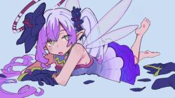  1girl absurdly_long_hair bare_shoulders barefoot black_gloves blue_background boots breasts detached_collar dress fairy_wings flower full_body gloves green_eyes hair_flower hair_ornament halo long_hair looking_at_viewer lying multicolored_hair on_stomach open_mouth petticoat pink_hair pointy_ears princess_connect! purple_hair side_ponytail small_breasts solo strapless strapless_dress the_pose tia_(princess_connect!) two-tone_hair tyaui_(xjju4435) unworn_boots very_long_hair wings 
