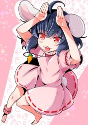  1girl :3 :p animal_ears barefoot black_hair blush_stickers carrot_necklace commentary_request eichi_yuu inaba_tewi jewelry looking_at_viewer necklace pendant pink_shirt pink_skirt rabbit_ears rabbit_girl rabbit_tail red_eyes ribbon-trimmed_skirt ribbon_trim shirt skirt smile solo tail toes tongue tongue_out touhou 