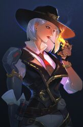  1girl ashe_(overwatch) belt black_background black_vest collared_shirt cowboy cowboy_hat ear_piercing english_commentary fire hat highres looking_to_the_side necktie overwatch photo_(object) piercing red_eyes red_necktie road_233 shirt smoke smoking solo vest white_hair white_shirt 