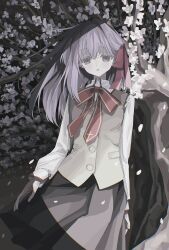  1girl black_skirt blush bow bowtie branch buttons cherry_blossoms collared_shirt cowboy_shot day empty_eyes fate/stay_night fate_(series) fingernails floating_clothes flower grey_eyes hair_between_eyes hair_ribbon half-closed_eyes heaven's_feel highres long_hair long_sleeves looking_at_viewer ludo_(grapewood1005) matou_sakura open_mouth outdoors petals pink_ribbon pleated_skirt pocket puffy_long_sleeves puffy_sleeves purple_hair red_bow red_bowtie red_pupils ribbon shirt skirt solo standing tree vest white_flower white_shirt yellow_vest 