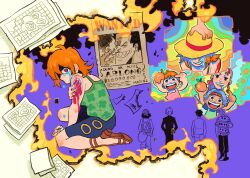  3girls 4boys absurdres adoptive_parent_and_adoptive_child adoptive_siblings aged_down arlong bellemere blood blood_on_arm blue_hair camisole cigarette crying crying_with_eyes_open english_commentary fire food from_behind from_side fruit green_camisole hand_on_own_arm hat highres holding holding_food holding_fruit injury kneeling mandarin_orange map mimscosara monkey_d._luffy multiple_boys multiple_girls multiple_views nami_(one_piece) nojiko_(one_piece) one_piece orange_hair orange_tree pink_hair roronoa_zoro sandals sanji_(one_piece) short_hair shorts shoulder_tattoo straw_hat tattoo tears usopp walking wanted_poster 