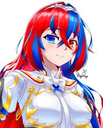 1girl absurdres artist_name blue_eyes blush breasts closed_mouth commentary female_alear_(fire_emblem) fire_emblem fire_emblem_engage hair_between_eyes heterochromia highres impossible_clothes impossible_shirt long_hair medium_breasts multicolored_hair neck_ribbon poffusagi portrait red_eyes red_hair ribbon shirt simple_background smile solo split-color_hair two-tone_hair white_background white_hair white_ribbon white_shirt 