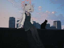  1girl black_cat black_pantyhose black_shoes blue_archive brown_eyes brown_ribbon building cat cityscape closed_mouth clouds collared_shirt commentary_request dress grey_hair hair_over_one_eye halo highres kanoe_(blue_archive) loafers long_hair long_sleeves looking_at_viewer morning neck_ribbon nkymyura one_eye_covered outdoors pantyhose pinafore_dress ribbon shirt shoes sitting skyscraper sleeveless sleeveless_dress smile solo two_side_up very_long_hair white_shirt 