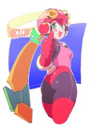  1girl ass black_bodysuit blonde_hair blush_stickers bodysuit boots bow breasts cross_fusion from_behind gloves green_bow green_eyes hair_bow hand_up helmet highres inkerton-kun long_hair looking_at_viewer looking_back low_ponytail mega_man_(series) mega_man_battle_network_(series) metal_hair netnavi notice_lines open_mouth pink_gloves pink_helmet ponytail red_boots roll.exe_(mega_man) small_breasts smile solo thigh_boots thumbs_up 