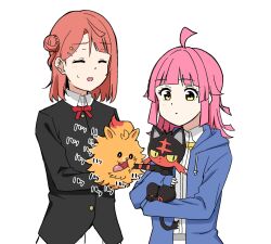  2girls ahoge black_jacket blue_jacket blunt_bangs braid bun_with_braided_base cat closed_eyes collared_shirt commentary_request dog hair_bun hair_ornament hairclip highres holding holding_pokemon hood hood_down hooded_jacket jacket kishimen_hair litten long_sleeves love_live! love_live!_nijigasaki_high_school_idol_club medium_hair multiple_girls neck_ribbon ohrinas open_clothes open_jacket open_mouth parallel_hairclips pink_hair pokemon pokemon_(creature) pombon pomeranian_(dog) pushing_away red_ribbon ribbon shirt sidelocks simple_background single_side_bun sound_effects sweatdrop tennoji_rina tongue tongue_out uehara_ayumu upper_body white_background white_shirt yellow_eyes yellow_ribbon 