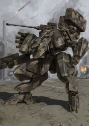  autocannon black_smoke camouflage cannon desert_camouflage fire gun highres holding holding_gun holding_weapon mecha military missile_pod no_humans original outdoors reverse-jointed_legs robot science_fiction smoke tyokugekidato weapon 