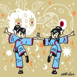  1boy 1girl aqua_jacket aqua_pants black_hair black_shoes brown_background closed_mouth commentary crescent english_commentary full_body hair_bun highres jacket liza_(pokemon) long_hair lunatone matching_outfits narrowed_eyes official_artist_extra one_eye_closed open_mouth osare_graffiti pants pokemon pokemon_(creature) pokemon_rse red_eyes shoes short_hair siblings sidelocks signature single_hair_bun smile solrock standing standing_on_one_leg tate_(pokemon) twins 