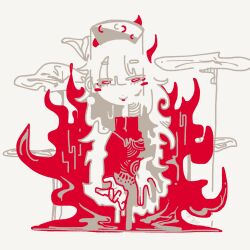  1girl 3ma_can_omochi abstract blush_stickers closed_mouth commentary cropped_torso dalachi_(headdress) flat_color grey_background half-closed_eyes hat highres junko_(touhou) long_hair looking_at_viewer monochrome red_theme smile solo straight-on touhou 