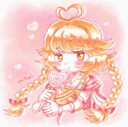  1other :o androgynous antenna_hair arm_ribbon armor blonde_hair border bow braid breastplate candy cape character_name cropped_torso dot_nose dripping eating food hair_bow heart heart-shaped_food heart-shaped_lollipop heart_antenna_hair heart_in_eye holding holding_candy holding_food holding_lollipop japanese_clothes kimono len'en light_blush lollipop long_hair looking_at_viewer low_twin_braids momiji_yama ooama_no_ake_no_mitori other_focus outline parted_lips pink_background red_bow red_cape red_kimono red_ribbon ribbon shaped_lollipop single_bare_arm solo swirl_lollipop symbol_in_eye twin_braids two-sided_cape two-sided_fabric very_long_hair white_border white_cape white_outline yellow_eyes 