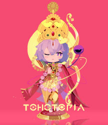  1girl absurdres alternate_costume bow_(weapon) copyright_name crown eyeball full_body gold_crown heart highres holding holding_bow_(weapon) holding_weapon indian_clothes komeiji_satori looking_at_viewer official_art one_eye_closed open_mouth pink_background purple_hair reflective_floor short_hair solo third_eye tohotopia touhou violet_eyes wanzilala16 weapon 