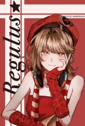  1girl arm_warmers artist_name bare_shoulders beret biyangnanpa brown_hair character_name dated hand_on_own_cheek hand_on_own_face hat headphones headphones_around_neck highres looking_at_viewer official_alternate_costume orange_eyes red_arm_warmers red_background red_hat red_shirt regulus_(pizza_hut)_(reverse:1999) regulus_(reverse:1999) reverse:1999 scarf shirt short_hair smile solo star_(symbol) strapless strapless_shirt striped_clothes striped_scarf twitter_username upper_body 