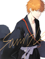  1boy absurdres black_hakama black_kimono bleach brown_eyes chinese_commentary closed_mouth commentary hakama hakama_pants highres ihsekodwww japanese_clothes kimono kurosaki_ichigo looking_at_viewer male_focus orange_hair pants sample_watermark shihakusho shinigami short_hair simple_background solo spiky_hair watermark white_background 