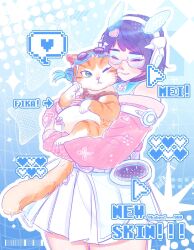  2girls animal arrow_(symbol) babpul000 bare_shoulders blue_background blue_hair cat closed_eyes commentary cowboy_shot cursor english_text gradient_hair headphones heart highres holding holding_animal holding_cat jetpack_cat_(overwatch) light_smile mei_(overwatch) multicolored_hair multiple_girls off-shoulder_shirt off_shoulder one_eye_closed orange_fur overwatch pawpads pink_shirt purple_hair shirt skirt white-framed_eyewear white_skirt 