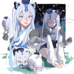  1girl animal_ear_fluff animal_ears blue_eyes d.va_(overwatch) english_commentary facial_mark fox_ears fox_tail highres long_sleeves multiple_views official_alternate_costume one_eye_closed overwatch saki_w33 solo tail tiger_ears tiger_tail white_background white_hair 