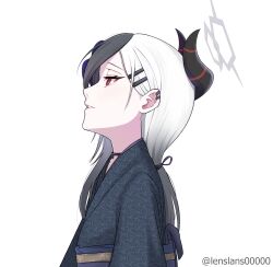  1girl black_choker black_hair black_horns black_kimono blue_archive choker commentary demon_horns ear_piercing from_side gradient_hair hair_between_eyes hair_ornament hairclip halo highres horns japanese_clothes kayoko_(blue_archive) kayoko_(new_year)_(blue_archive) kimono lenslans long_hair long_sleeves looking_afar multicolored_hair official_alternate_costume parted_lips piercing red_eyes simple_background solo twitter_username two-tone_hair white_background white_hair 