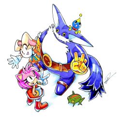  1boy 2girls amy_rose animal_ears belt big_the_cat boots brown_belt brown_fur brown_gloves cat_ears cat_tail chao_(sonic) cream_the_rabbit dress frog froggy_(sonic) furry furry_female furry_male gloves looking_at_viewer multiple_girls pink_fur purple_fur purple_shoes rabbit_ears rabbit_girl red_boots red_dress shoes signature simple_background sonic_(series) tail to_the_maxio v white_background white_gloves 
