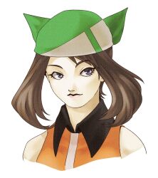  1girl 2000s_(style) bandana bare_shoulders black_lips blue_eyes brown_hair collared_shirt cropped_torso duckpasta_flo eyelashes green_bandana highres kazuma_kaneko_(style) light_smile looking_at_viewer may_(pokemon) medium_hair multicolored_lips pale_skin parody pink_lips pokemon pokemon_rse shirt sleeveless solo style_parody two-tone_lips 