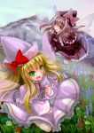 absurdres blonde_hair bow green_eyes hat highres lily_black lily_white myero red_eyes smile touhou wings 