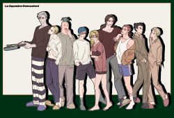  :/ absurdres arm_on_another's_shoulder barefoot black_hair black_sclera black_shorts black_socks blonde_hair blue_eyes blue_hair blue_shorts brown_gloves brown_hair cigarette closed_eyes colored_sclera commentary_request curly_hair domino_mask eye_mask formaggio frying_pan gelato_(jojo) ghiaccio glasses gloves green_hair green_pajamas grey_hair gyogyo_hjj hand_in_pocket highres hip_bones holding holding_cigarette holding_frying_pan holding_spoon hood hoodie illuso jojo_no_kimyou_na_bouken korean_commentary mask medium_hair melone navel off_shoulder open_clothes open_hoodie pajamas pale_skin pants pesci prosciutto_(jojo) red-framed_eyewear red_eyes red_shirt risotto_nero shirt shorts slippers smile smoking socks sorbet_(jojo) spoon striped_clothes striped_pants vento_aureo vertical-striped_clothes vertical-striped_pants yawning 