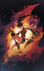  1girl anran_(overwatch) bare_shoulders black_hair commentary detached_sleeves english_commentary fingerless_gloves fire gloves hand_fan high_ponytail highres knee_pads long_hair overwatch ponytail road_233 single_knee_pad solo thighs 