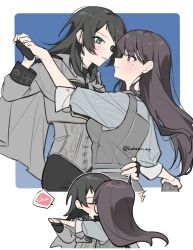  2girls bang_dream! bang_dream!_it's_mygo!!!!! black_hair capelet closed_mouth commentary_request dancing earrings grey_capelet grey_shirt grey_vest hand_on_another's_waist highres holding_hands jewelry kiss lehcar long_hair medium_hair mole mole_under_eye multiple_girls shiina_taki shirt surprise_kiss surprised vest violet_eyes yahata_umiri yuri 