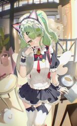  1girl animal_ear_hairband animal_ears bell black_dress black_garter_straps blush cat_ear_hairband cat_ears chair closed_mouth commentary cup dress earrings fake_animal_ears feet_out_of_frame frilled_dress frilled_sleeves frills garter_straps ghost_hair_ornament green_eyes green_hair hair_ornament hairband head_tilt heart heart_earrings heart_hair_ornament holding holding_tray indoors jewelry jinbei_(user_tpny4757) looking_to_the_side maid maid_headdress multiple_hair_clips neck_bell official_alternate_costume plate ponytail red_bag solo sunna_(afternoon_tea_break)_(zenless_zone_zero) sunna_(zenless_zone_zero) table tray untranslatable_commentary white_wings winged_bag wings zenless_zone_zero 