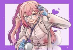  1girl adjusting_hair artist_name bandaid bandaid_on_face bandaid_on_nose border doctor dr._feesh earrings finana_ryugu glasses gloves hair_ornament highres holding holding_stethoscope jewelry lab_coat latex latex_gloves long_hair multiple_earrings nijisanji nijisanji_en open_mouth pointy_ears pom_pom_(clothes) pom_pom_hair_ornament purple_border scales signature solo stethoscope twintails virtual_youtuber yoyoray20001996 