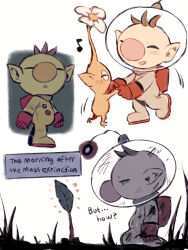  1boy :d :o ^_^ astronaut blush brown_hair closed_eyes closed_mouth commentary_request dancing eighth_note english_text flower gloves helmet highres kneeling male_focus musical_note numbers_(pigpenandpaper) olimar parted_lips pikmin_(series) pikmin_1 red_gloves smile space_helmet spacesuit white_background white_flower 