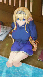  1girl absurdres alice_zuberg arm_support bare_legs blonde_hair blue_eyes blue_skirt blue_sweater book breasts chinese_commentary closed_mouth commentary_request english_commentary full_body hair_between_eyes hand_up highres impossible_clothes impossible_sweater jewelry large_breasts long_hair long_sidelocks long_sleeves looking_at_viewer looking_up miniskirt mixed-language_commentary necklace pearl_necklace pinstripe_sweater sidelocks sigure_yusyo sitting skirt skirt_set smile soaking_feet solo steam straight_hair sweater sword_art_online sword_art_online:_alicization turtleneck turtleneck_sweater 