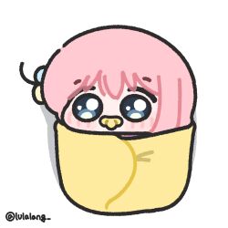  1girl aged_down baby blanket blue_eyes bocchi_the_rock! chibi chibi_only full_body gotoh_hitori highres long_hair looking_at_viewer lulalang pacifier pink_hair simple_background solo swaddled twitter_username white_background 