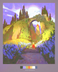  1boy absurdres arch artist_name border brick_wall clouds commentary english_commentary flower from_behind garden grass hat highres landscape orange_cloak original outdoors painterly path plant purple_flower purple_sky raja_nandepu scenery sky stairs tower tree vines 