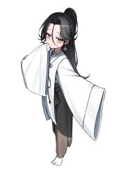  1girl absurdres black_eyes black_hair black_skirt blush character_request check_character check_commentary closed_mouth commentary_request dated_commentary earrings fan_request full_body hair_between_eyes hand_up highres japanese_clothes jewelry jinggun kimono korean_commentary long_sleeves looking_at_viewer original ponytail simple_background skirt solo white_background white_kimono wide_sleeves 