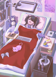  1girl :d ame-chan_(needy_girl_overdose) bedroom black_hair blanket bottle btuddojukd3930d chips_(food) commentary_request computer_keyboard computer_mouse controller diagonal_bangs food food_on_face game_controller hair_over_one_eye head_on_pillow headphones headphones_around_neck highres holding holding_computer_mouse needy_girl_overdose outstretched_arm pien_cat_(needy_girl_overdose) pillow sidelocks smile twintails under_covers 