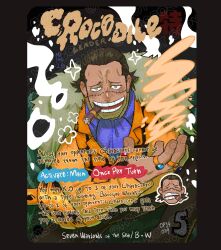  1boy ascot blue_ascot card_(medium) chibi cigar commentary crocodile_(one_piece) hair_slicked_back highres hook_hand jewelry looking_at_viewer mimscosara one_piece orange_vest ring sand short_hair smile sparkle stitched_face stitches vest 
