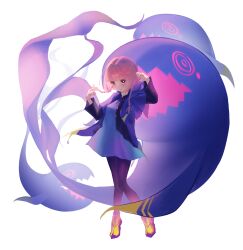  1girl absurdres blue_coat blue_dress blush braid breasts closed_mouth coat collared_dress commentary_request dress fingernails full_body highres hood hooded_coat kaf_(kamitsubaki_studio) kamitsubaki_studio karyou_dayo laplace_(kamitsubaki_studio) long_hair long_sleeves low_twin_braids open_clothes open_coat pantyhose pink_hair purple_pantyhose purple_shoes shoes simple_background thighs tongue tongue_out twin_braids twintails violet_eyes virtual_youtuber white_background yellow_pupils yellow_shoes 