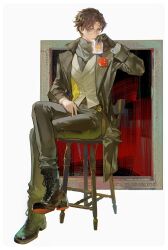 1boy absurdres alcohol belt black_boots black_coat black_gloves black_hair black_pants boots boutonniere brown_eyes chair chinese_commentary coat commentary_request crossed_legs cup curtained_hair drink drinking drinking_glass flower full_body gehrman_sparrow glasses gloves grey_scarf grey_vest highres holding holding_cup kelaienmiao klein_moretti long_sleeves looking_at_viewer lord_of_the_mysteries male_focus on_chair open_clothes open_coat painting_(object) pants picture_frame red_flower rose scarf semi-rimless_eyewear shirt short_hair single_glove sitting solo vest whiskey wooden_chair 